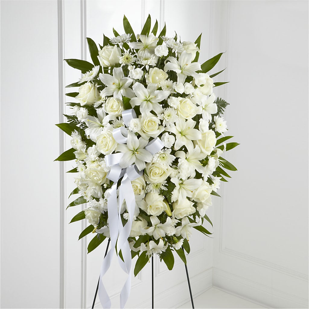 Exquisite Tribute Standing Spray-White Ribbon – Flowers By Mgm, North York ON