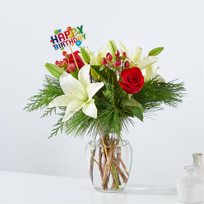 Bouquet de délices à feuilles persistantes et décoration de joyeux anniversaire